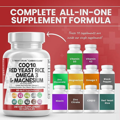 COQ10 200mg Red Yeast Rice 3000mg 3 3000mg 3000mg Magnesium 500mg Niacin K2 D3 D3 - B3, Coenzyme Q10-60 Ct