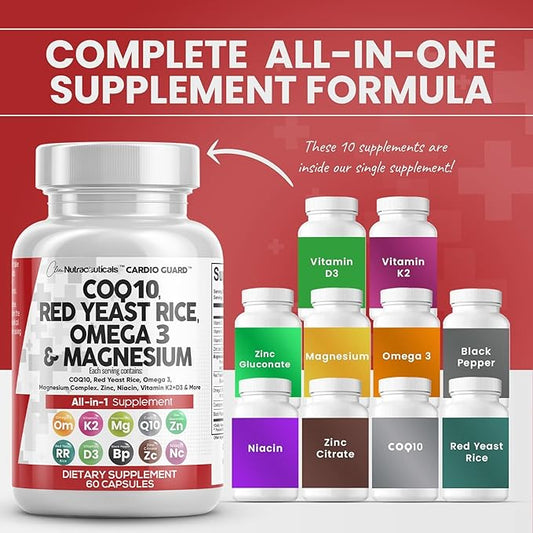 COQ10 200mg Red Yeast Rice 3000mg 3 3000mg 3000mg Magnesium 500mg Niacin K2 D3 D3 - B3, Coenzyme Q10-60 Ct