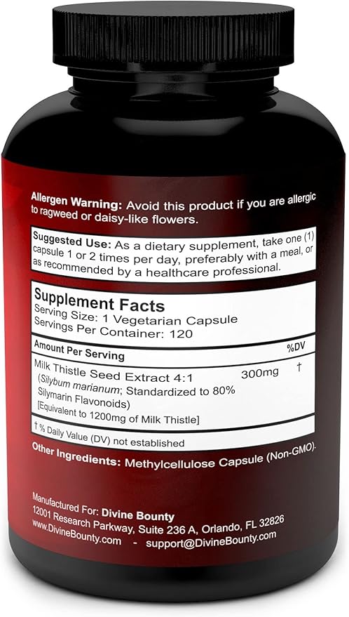Divine Bounty Pure Milk Thistle Capsules Supplement 1200mg Milk 4X Concentrated 120 Vegetarian