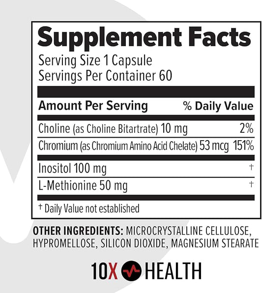 10X Health MIC Chromium Supplement with Choline, Inositol & L Methionine - 60 Capsules
