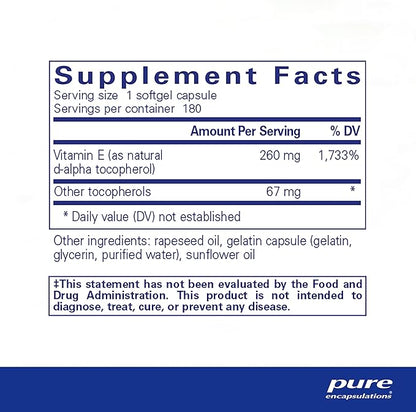 Pure Encapsulations Vitamin E (with Mixed Tocopherols) 180 Softgel