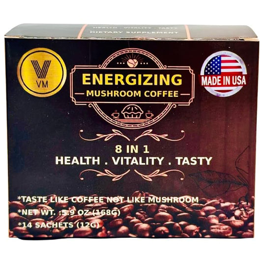 VM Energizing Mushroom Coffee-Reishi with Ginseng supplement.8-in-1 Mushroom USA.(14)S