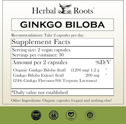 Herbal Roots Ginkgo Biloba Made 1,400mg per 60 Vegan