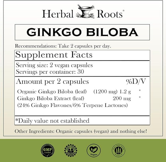 Herbal Roots Ginkgo Biloba Made with Pure Organic Ginkgo Leaf - 1,400mg per Serving, 60 Vegan Capsules