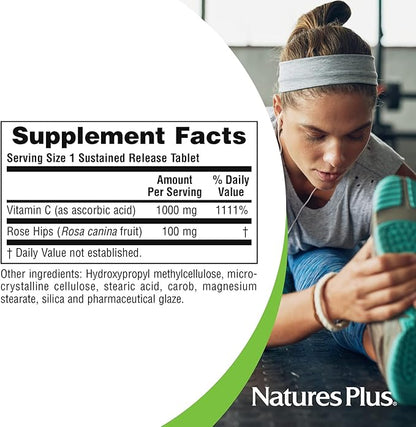 Natures Plus Vitamin C with Rose HIPS, Sustained Release - 1000 mg Ascorbic Acid, 60 Vegetarian Tablets -Gluten-Free - 60 Servings