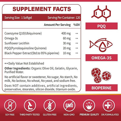 CoQ10-400mg-Softgels with PQQ, BioPerine & Omega-3, Q10(Ubiquinone) Supplement 120 Servings
