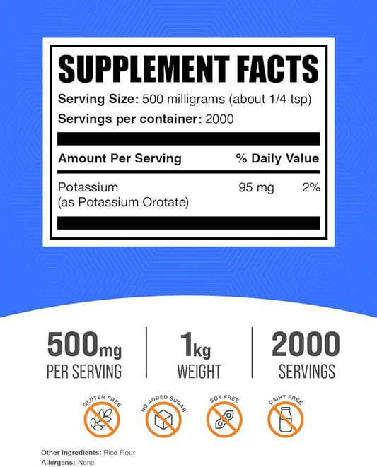 BulkSupplements.com Potassium Orotate Powder - Potassium Supplement, Potassium Orotate 500mg, Potassium Powder - Gluten Free, 500mg (95mg Potassium) per Serving, 1kg (2.2 lbs) (Pack of 1)