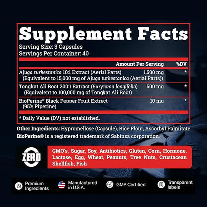 Turkesterone 15,000mg [Max Potency] + BioPerine® for High Absorption Supplement with Tongkat Ali - Increase Lean Muscle Growth & Recovery, Drive & Stamina - USA Made & Non GMO - 120 V Capsules