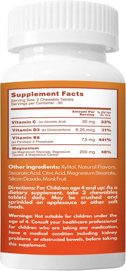 Chewable Magnesium for Kids, Relaxation and Calm Formula, Glycinate, Citrate, Taurate, Vitamin B6, D, C, Natural Vanilla Flavor, Sugar Free, Gluten Free, Non-GMO, 60 Chewable Tablets
