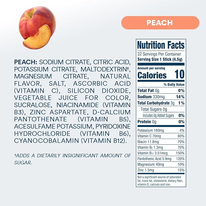 DripDrop Hydration - Zero Sugar Peach - Electrolyte Drink Mix Single Serve Powder Packets | Non-GMO, Gluten Free, Vegan | 32 Sticks