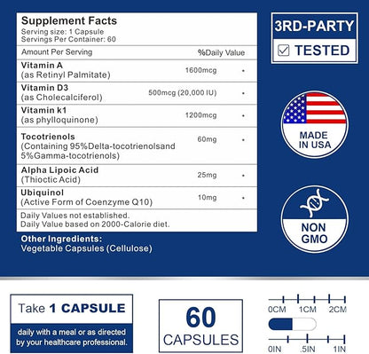 ADK Vitamin Supplement 20000 IU - High Potency Vitamins A, D3 and K1 for Heart, Bone Health and Immune Support Vitamin ADK 180 Capsules