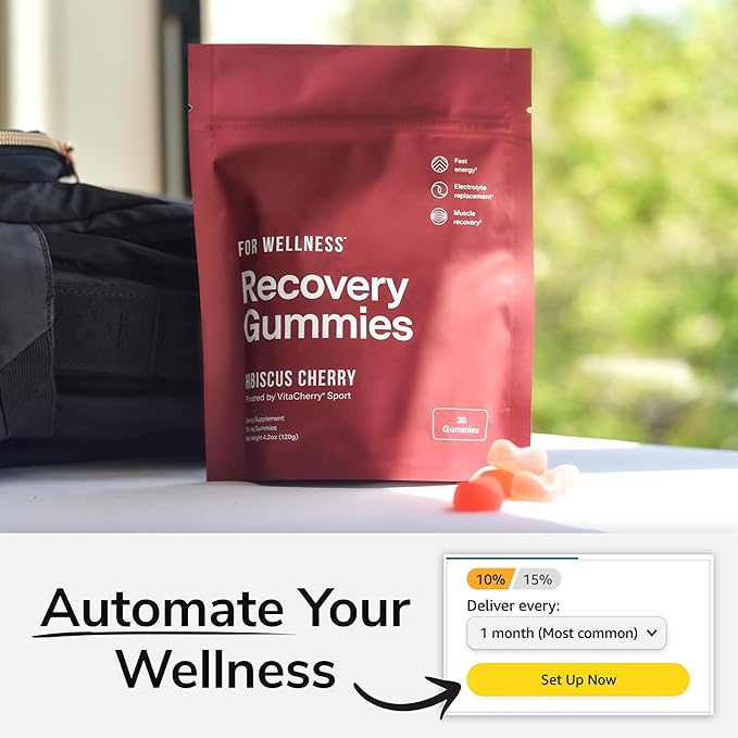 Recovery Gummies - Tart Cherry Gummies for Muscle Recovery - Hibiscus Cherry Flavor with Antioxidants & Electrolytes Combats Soreness, Fights Inflammation, Boosts Energy - Vegan, Non-GMO, Gluten-Free