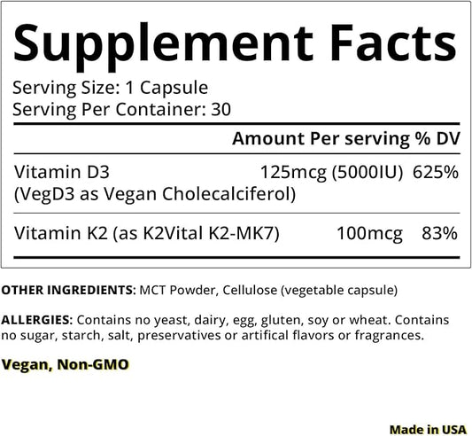 Vitamin D3 K2 with MCT, 5000 D3 & 100 mcg MK7 K2, K2, Support 30 Capsules (30 Days