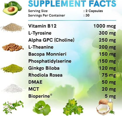 11-in-1 Nootropic Brain Supplements: Memory & Focus Supplement with Ginkgo Biloba, L Theanine, Bioperine, & Alpha GPC Choline - 1321mg, 60ct - Stimulant Free, Vegan - Focus Brain Support (2 pack)