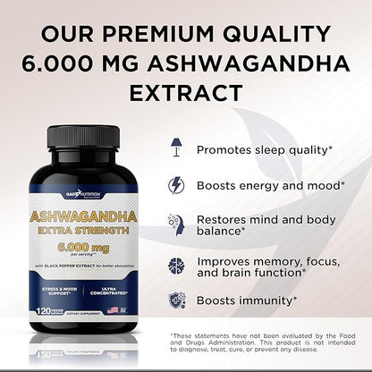 Ashwagandha Supplements - Extra Strength 6000mg 120 Veggie