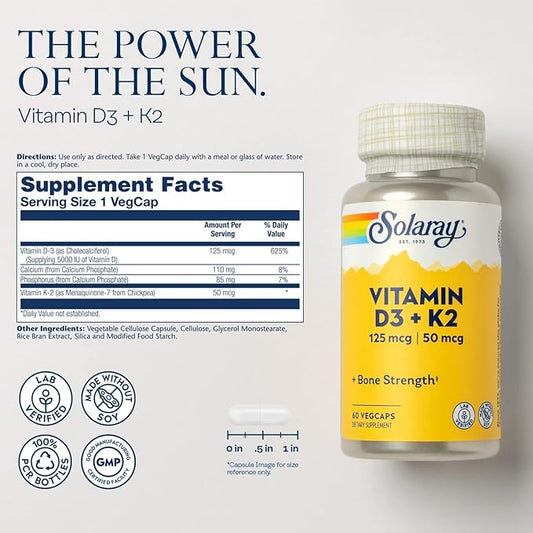 SOLARAY Vitamin D3 K2 5000 IU D3 and 50 mcg K2 as MK7 - 60-Day Guarantee, 60 Serv, 60 VegCaps