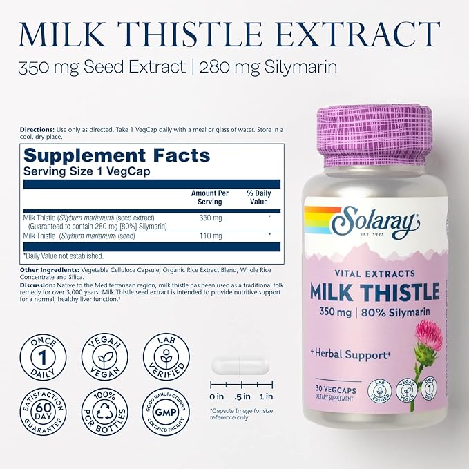 SOLARAY Milk Thistle Seed Extract 350 80% Silymarin, 60 Day 30 Servings, 30 VegCaps