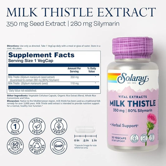 SOLARAY Milk Thistle Seed Extract 350 80% Silymarin, 60 Day 30 Servings, 30 VegCaps
