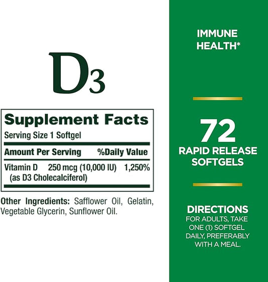Nature's Bounty Vitamin D for Immune 10000IU, Softgels, 10,000 IU, 72 Count 1)