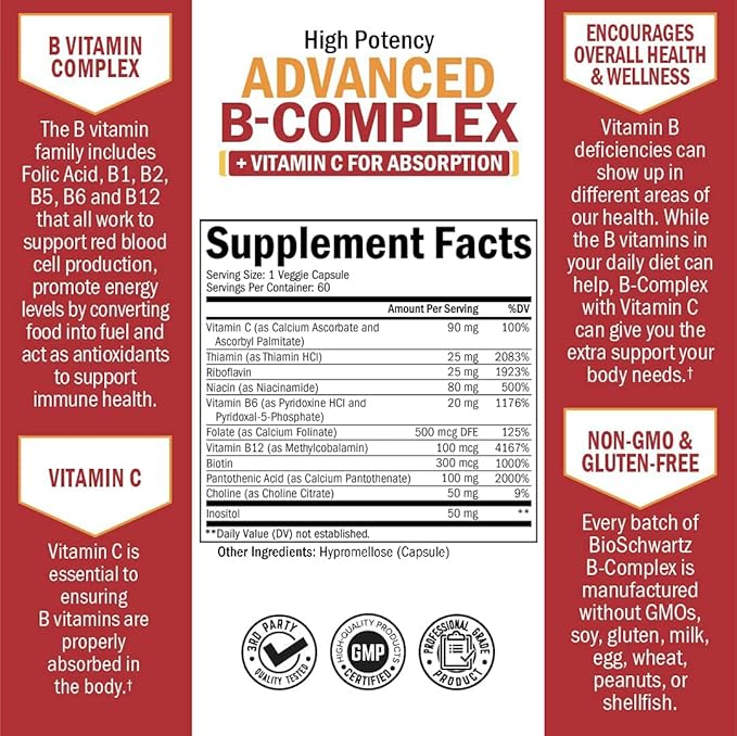 Vitamin B Complex with Vitamin C b12 & B1 B2 B2 B3 B3 B5 B5 B6 B6 B7 B7 B9 B9 for -60ct