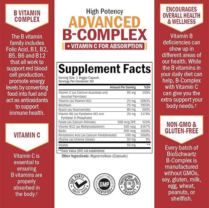 Vitamin B Complex with Vitamin C for Maximum Absorption - Methylcobalamin b12 & Folate Folic Acid Supplement - Vitamins B1 B2 B3 B5 B6 B7 B9 for Immune Energy & Nervous System Support - Non-GMO -60ct