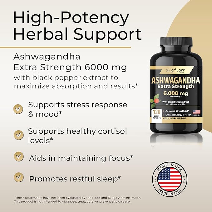 Ashwagandha Supplements - ashwagandha Powder Capsules Extra Strength 6000mg with Black Pepper | Mood Support, Focus, Energy Support | Vegan Friendly, Non-GMO, USA Made