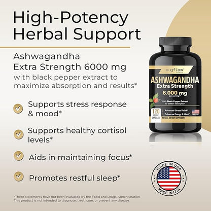 Ashwagandha Supplements - ashwagandha Powder Capsules Extra Strength 6000mg with Black Pepper | Mood Support, Focus, Energy Support | Vegan Friendly, Non-GMO, USA Made