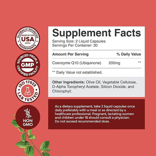 CoQ10 200mg per Serving Liquid Capsules Supplement Q10 200mg 200mg per Q10 Supplement