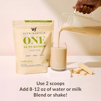 VitaHustle ONE - Superfood Meal Replacement Powder, Plant Based Protein Shake Powder, Vegan. 86 Superfoods, Vitamins, & Minerals, Ashwagandha, Adaptogens. Founded by Kevin Hart. (Vanilla 2-Pack)