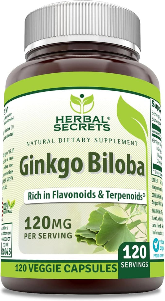 Herbal Secrets Ginkgo Biloba Supplement 120mg 120 Capsules 24% Ginkgo