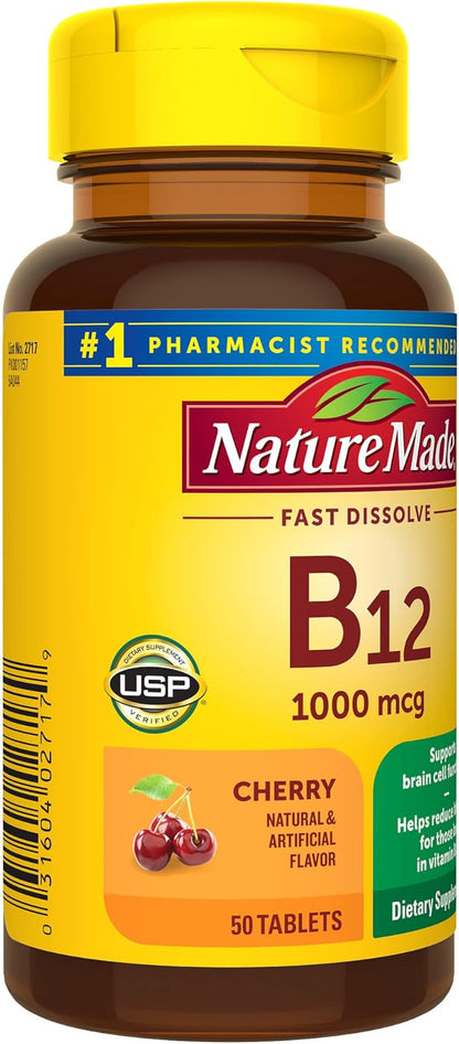 Nature Made Vitamin B12 1000 mcg, Easy to Take Sublingual B12 for Energy Metabolism Support, 50 Sugar Free Fast Dissolve Tablets, 50 Day Supply