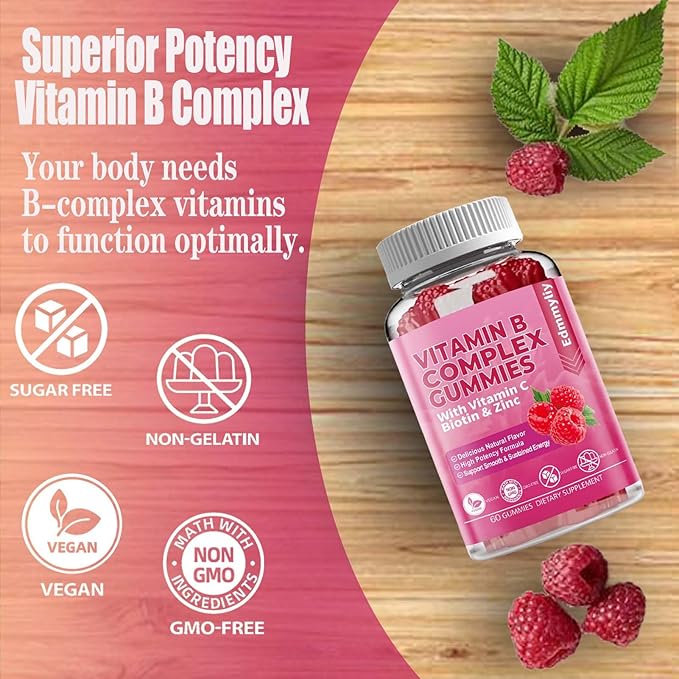 Vitamin B Complex Vegan Gummies B3, B6, B6, Biotin, B9 Folate, B12 with