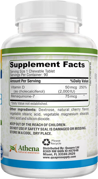 Athena - Vitamin D3 2000IU with K2 (MK7) - 90 Chewable Tablets - Supports Immune System - Muscle Energy - Strong Bones - Healthy Dental