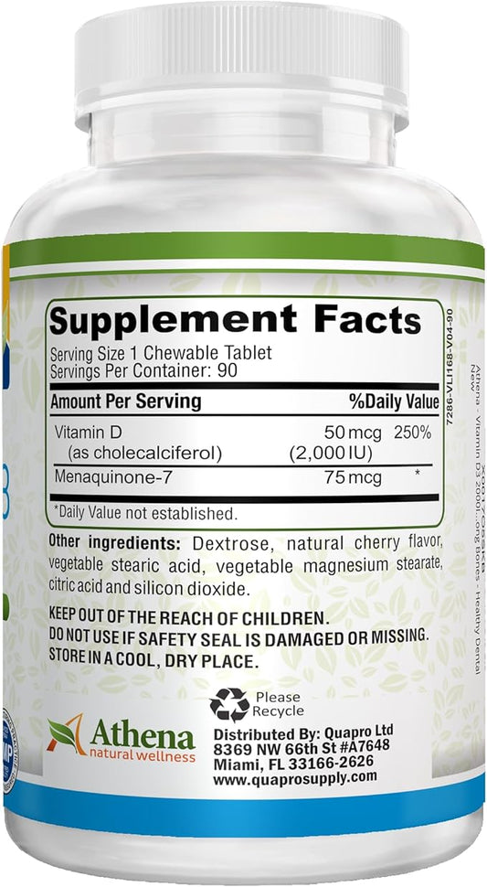 Athena - Vitamin D3 2000IU with K2 (MK7) - 90 Chewable Tablets - Supports Immune System - Muscle Energy - Strong Bones - Healthy Dental