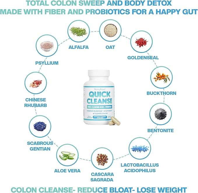 SkinnyBoost Quick Cleanse Vegan Capsules for Weight Support & Bloating Relief – Colon Cleanser and Detox with Natural Fiber & Probiotics – Supports Digestive & Gut Health-60 Capsules