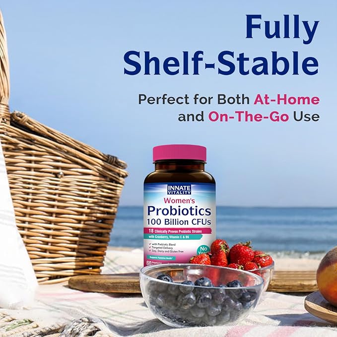 Innate Vitality Probiotics for Women, 100 Billion CFUs 18 Strains, Prebiotics and Probiotics, with Cranberry, Vitamin C & B6 P5P, Vaginal & Digestive Health, Non refrigerated, 60 Caps
