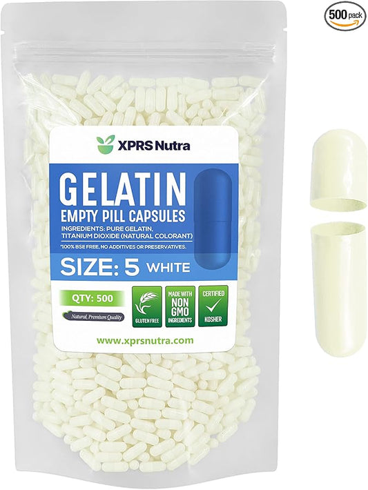 XPRS Nutra Size 5 Empty Capsules - 500 Count Very Small Empty Gelatin Capsules - Empty Pill Capsules for DIY Capsule Filling - Fillable Pill Capsules Empty Gel Caps (White)