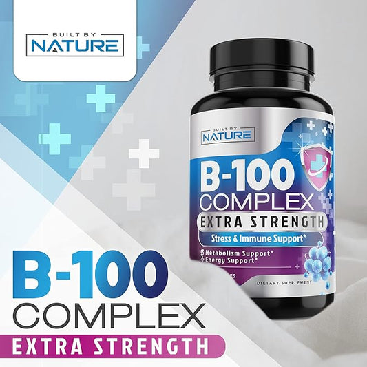 Vitamin B Complex B1, B2, B2, B3, B3, B5, B5, B6, B6, B7, B7, B9, B9, B12, B12, Folic B-100 Supplement 60 Capsules