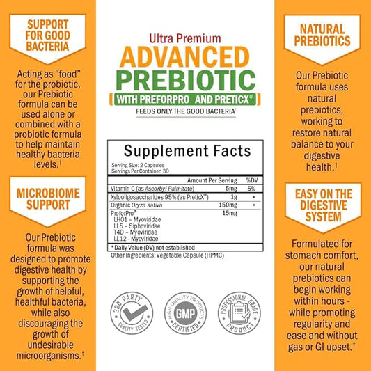 Prebiotics for Advanced Gut Health - Immune System Support & Dietary Fiber - Fuels Good Bacteria Growth to Promote Digestive Health - Gas & Digestion Support - Probiotics for Men & Women - 60 Capsules