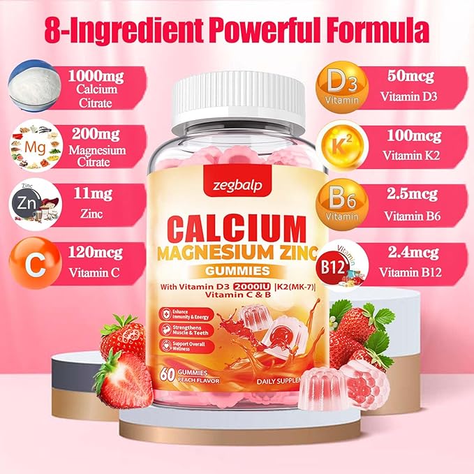 Calcium Magnesium Zinc Gummies with Vitamin D3 & K2 High