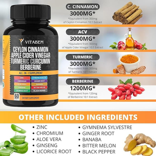 Ceylon Cinnamon Capsules 3000mg Turmeric 3000mg Apple Cider Vinegar 3000mg Ginseng 2000mg Aloe Vera 2000mg Berberine Supplement 1200mg + Banaba | Bitter Melon | Gymnema | Ginger Root - 60 Count