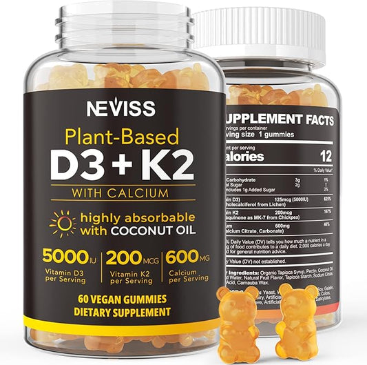 Vitamin D3 5000iu & K2( as MK7 ) 200mcg Gummies 600mg Calcium, D3 K2 K2 Supplement 60 Count