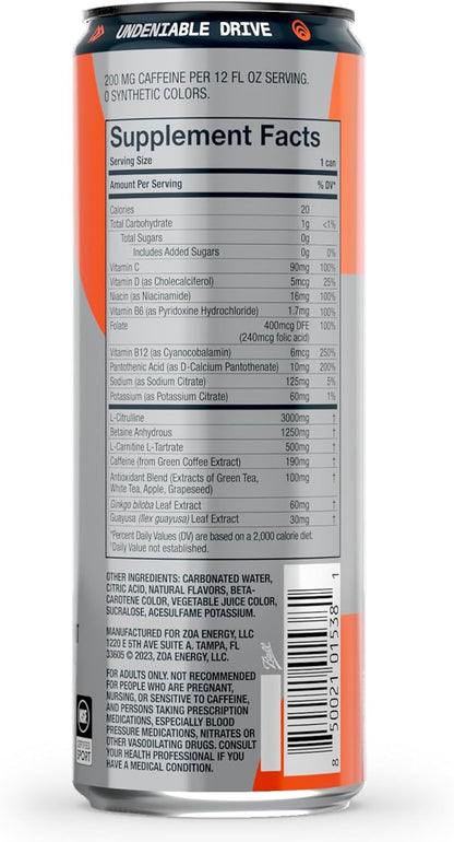 ZOA+ Pre-Workout Energy Drink Supplement - NSF Certified for Sport with Zero Sugar, Nitric Oxide Support, B & D Vitamins, Amino Acids, and Electrolytes (Orange Grapefruit)
