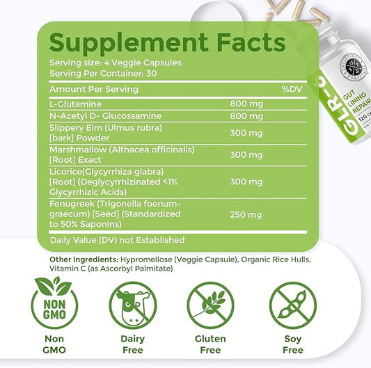 Intestinal Fortitude GLR-6 - Gut Lining Repair Supplement for Gut Health - Leaky Gut Repair with L-Glutamine, Slippery Elm, DGL Licorice Root, Marshmallow Root, Fenugreek - IBS, IBD, GERD - Vegan