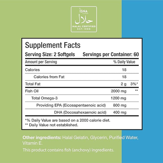 Noor Vitamins Halal Fish Oil, Halal 3 Wild (800 mg 400 mg (120 count)