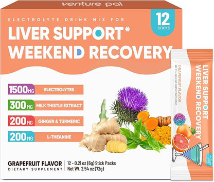 Venture Pal Liver Cleanse Detox & Repair, Liver Support with Milk Thistle + Ginger & Turmeric + L-Theanine + 5 Vitamins & 7 Electrolytes, Rapid Rehydration & Weekend Recovery Powder Packets, 12 Sticks