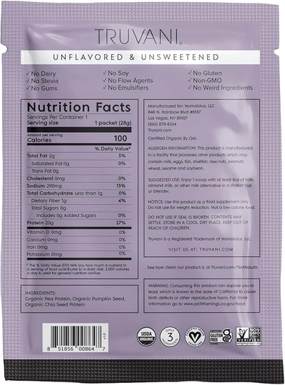 Truvani Vegan Pea Protein Powder 20g Organic 1 Serving