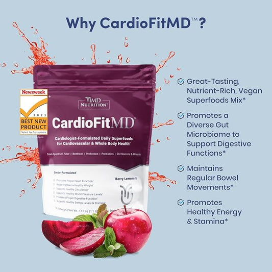 1MD Nutrition CardioFitMD - Vegan Beets Superfood Keto-Friendly Heart Health Powder - Nitric Oxide Supplement - Beet Root Powder for Healthy Blood Pressure & Circulation - High Fiber Drink - 30 Days