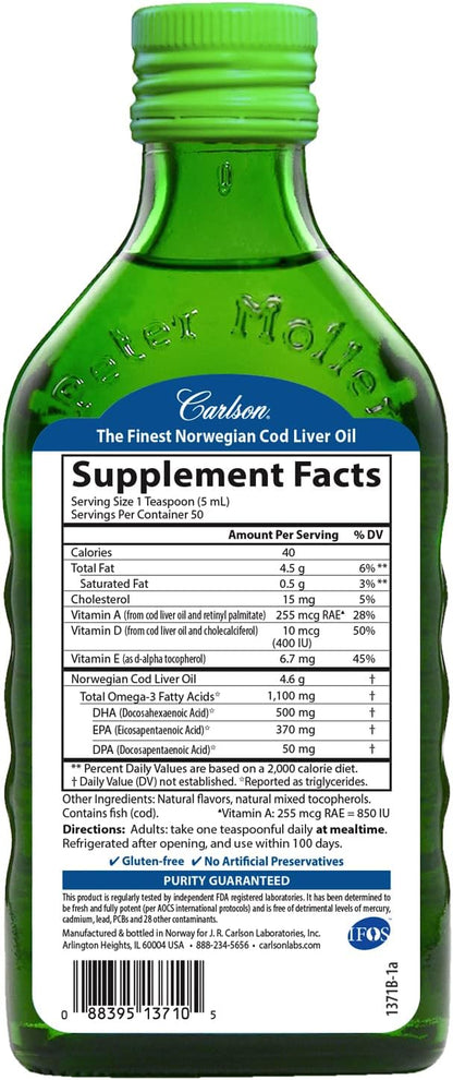 Carlson - Cod Liver Oil, 1100 Omega-3s, Plus D3, Wild 250 mL (8.4 Fl