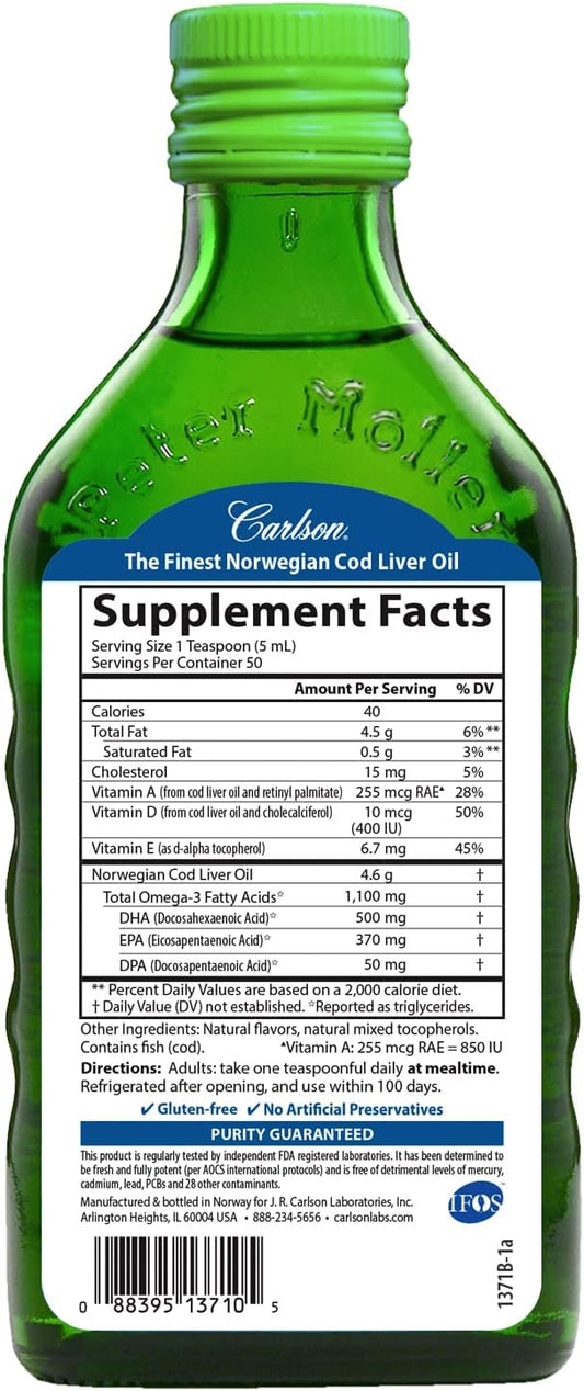 Carlson - Cod Liver Oil, 1100 Omega-3s, Plus D3, Wild 250 mL (8.4 Fl